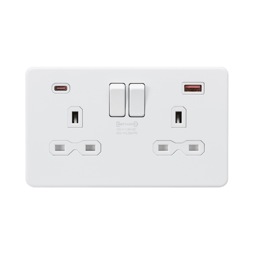 Knightsbridge Screwless Matt White 13A Double Socket with Dual USB A+C SFR9945MW