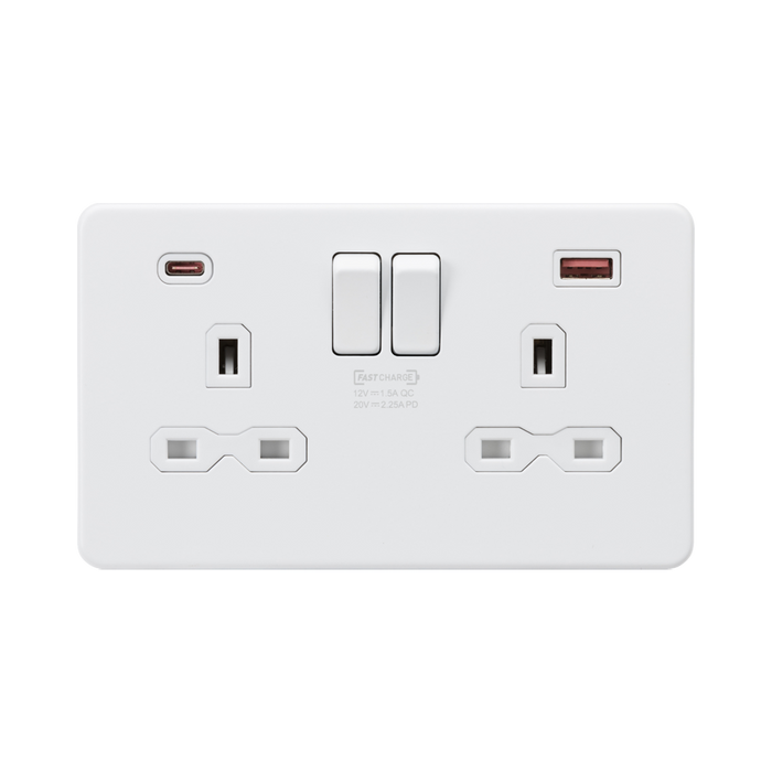 Knightsbridge Screwless Matt White 13A Double Socket with Dual USB A+C SFR9945MW