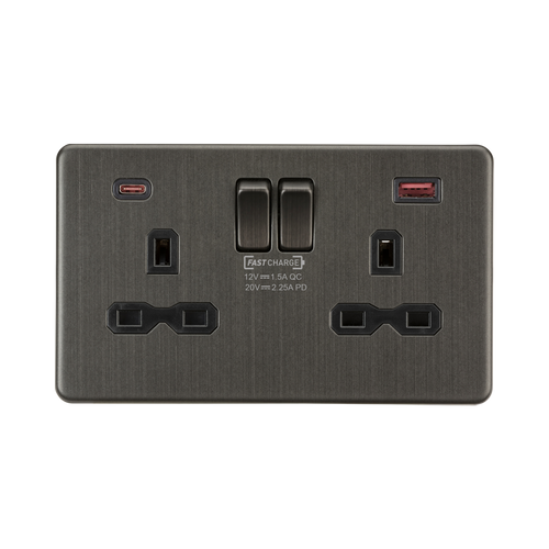 Knightsbridge Screwless Smoked Bronze 13A Double Socket with Dual USB A+C SFR9945SB