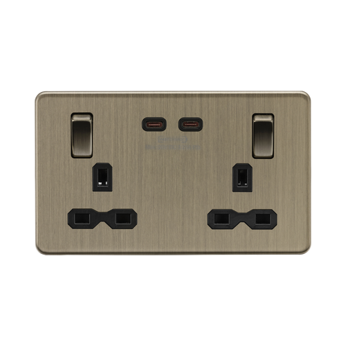 Knightsbridge Screwless Antique Brass 13A Double Socket with Dual 65W Fastcharge USB-C SFR9965AB