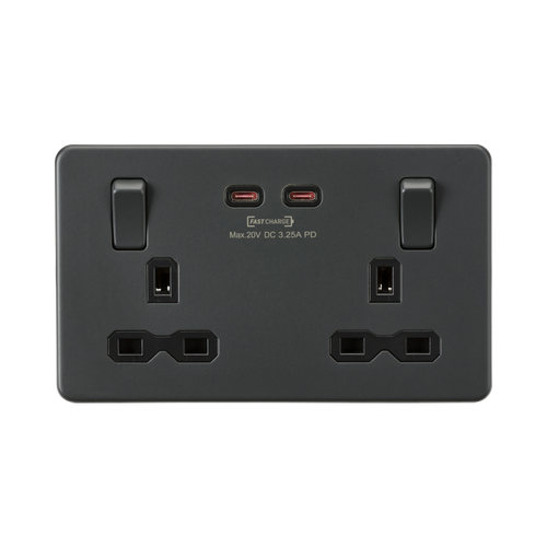 Knightsbridge Screwless Anthracite 13A Double Socket with Dual 65W Fastcharge USB-C SFR9965AT