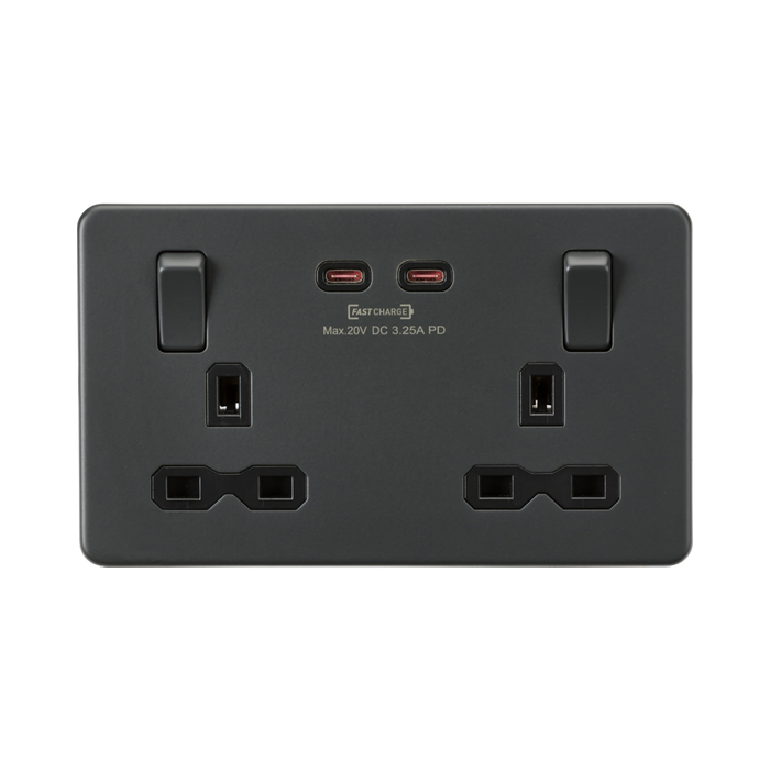 Knightsbridge Screwless Anthracite 13A Double Socket with Dual 65W Fastcharge USB-C SFR9965AT