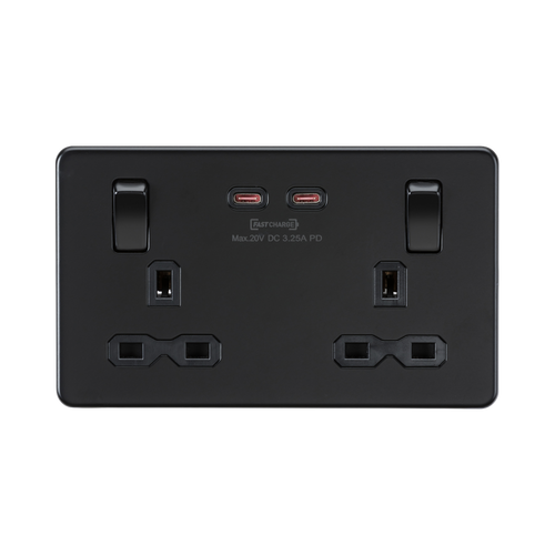 Knightsbridge Screwless Matt Black 13A Double Socket with Dual 65W Fastcharge USB-C SFR9965MBB