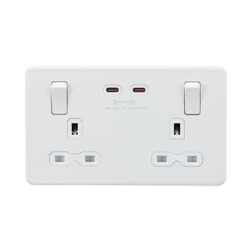 Knightsbridge Screwless Matt White 13A Double Socket with Dual 65W Fastcharge USB-C SFR9965MW