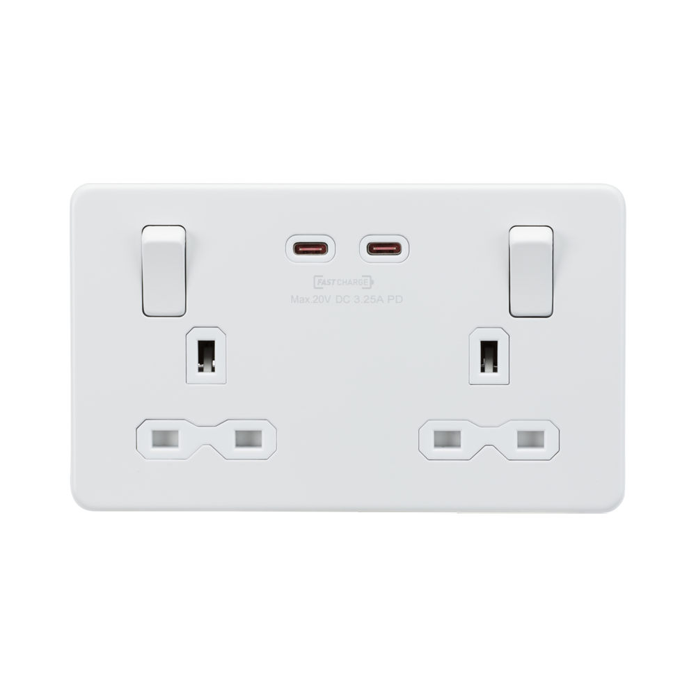 Knightsbridge Screwless Matt White 13A Double Socket with Dual 65W Fas ...
