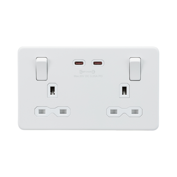 Knightsbridge Screwless Matt White 13A Double Socket with Dual 65W Fastcharge USB-C SFR9965MW