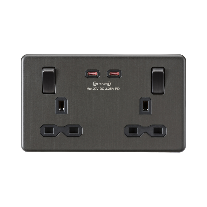 Knightsbridge Screwless Smoked Bronze 13A Double Socket with Dual 65W Fastcharge USB-C SFR9965SB