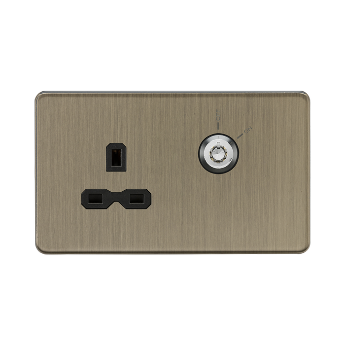 Antique Bronze wall socket with black outlets and plug on a white background