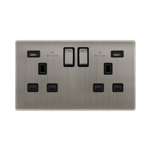 Click Definity Stainless Steel 13A 2 Gang Switched Socket With 2.1A USB Outlet SFSS580BK