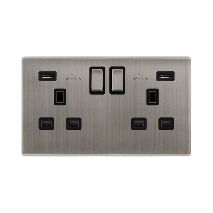 Click Definity Stainless Steel 13A 2 Gang Switched Socket With 2.1A USB Outlet SFSS580BK