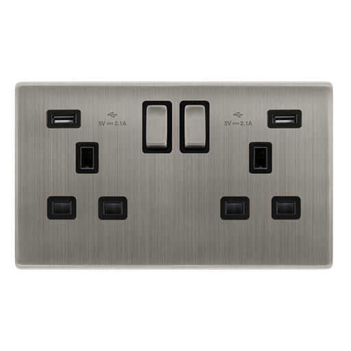Metallic electrical socket with multiple ports on a white background