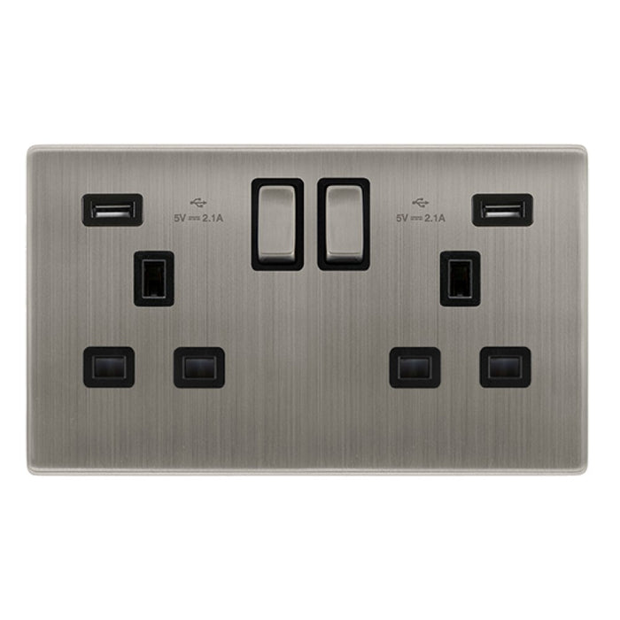 Metallic electrical socket with multiple ports on a white background