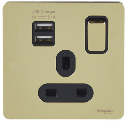 Schneider Ultimate Screwless Polished Brass 13A Single USB Socket GGBGU34102USBABPB available from RS Electrical Supplies