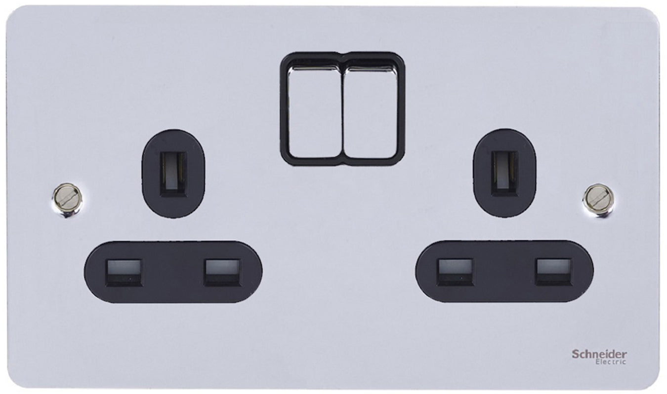 Schneider Ultimate flat plate polished chrome black switches and sockets