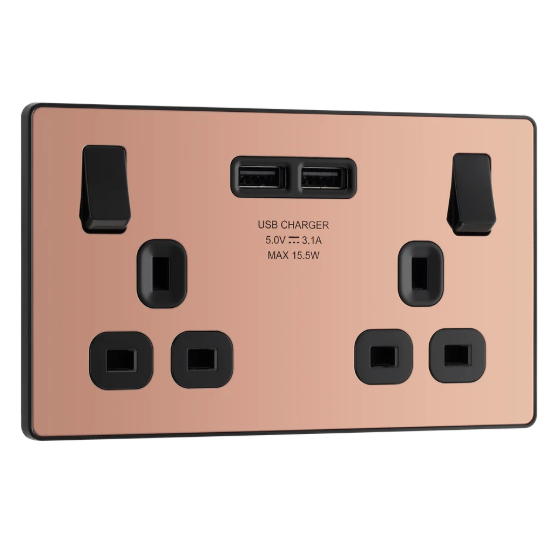 BG Evolve Polished Copper 13A Double USB Socket PCDCP22U3B