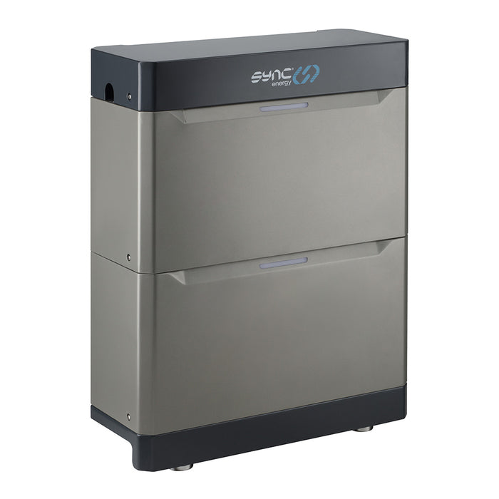 Gray energy storage system with 'sync' branding on a white background