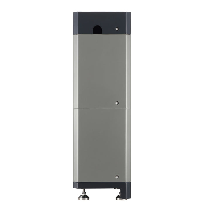 Tall rectangular metal box with a black top section on a white background