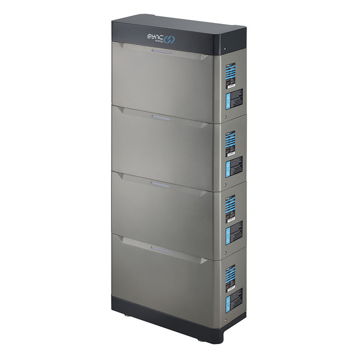 Stack of battery modules with visible branding on a white background