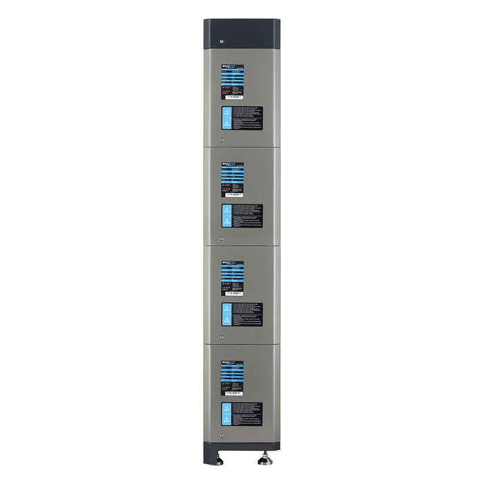Tall gray electrical panel with multiple labels on a white background