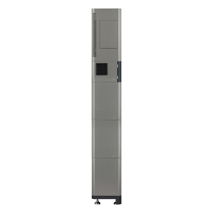 Tall gray locker with a black handle on a white background