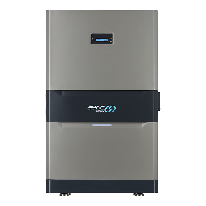 Stainless steel appliance with Sync Energy logo on a white background