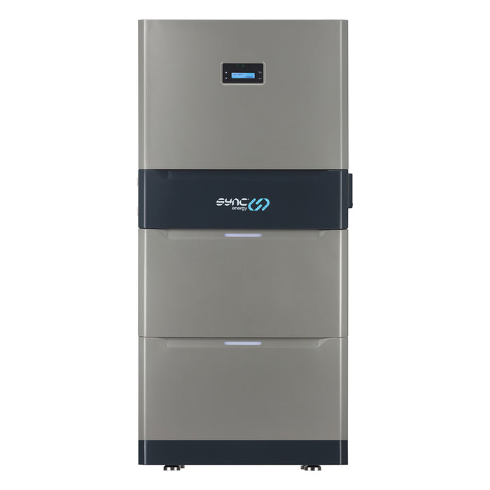 Stainless steel refrigerator with Sync Energy logo on a white background