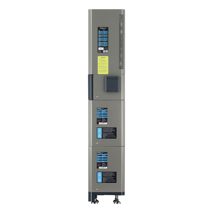 Tall industrial electrical panel with multiple labels on a white background