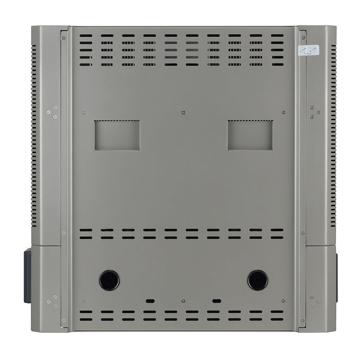 Back view of a gray electronic device with ventilation slots and connectors on a white background