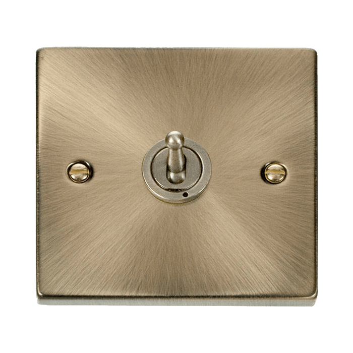 Front view of Click Deco Antique Brass 1G Toggle Switch