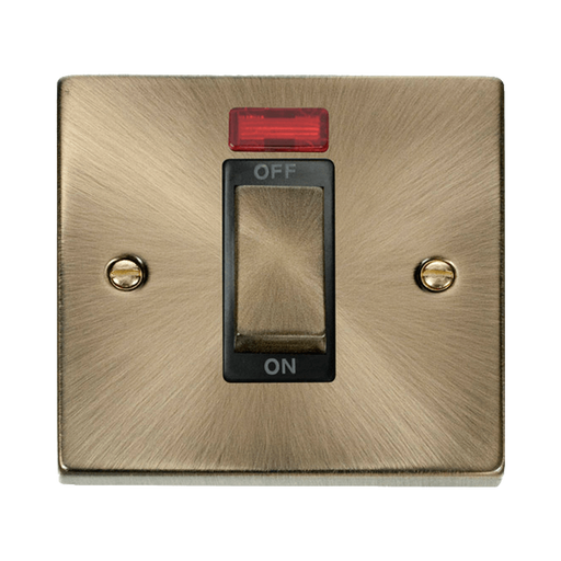Front view of Click Deco Antique Brass 45A Cooker Switch with Neon