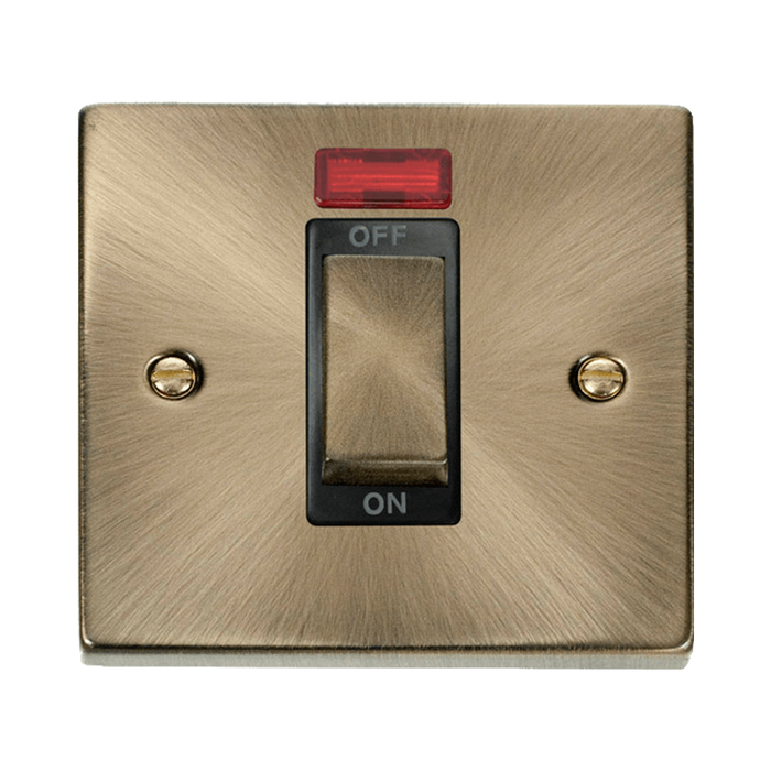 Front view of Click Deco Antique Brass 45A Cooker Switch with Neon