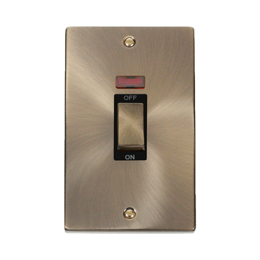 Front view of Click Deco Antique Brass 45A Cooker Switch with Neon