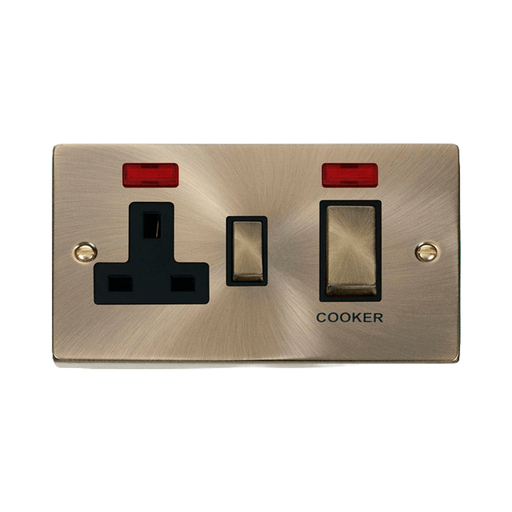 Front view of Click Deco Antique Brass 45A Cooker Switch with 13A Socket