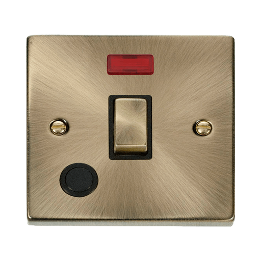 Front view of Click Deco Antique Brass 20A Double Pole Switch with Neon and Flex