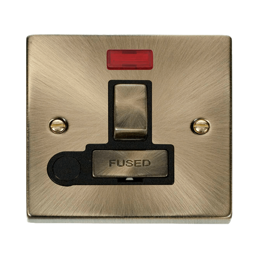 Front view of Click Deco Antique Brass 13A Switched Spur with Flex and Neon