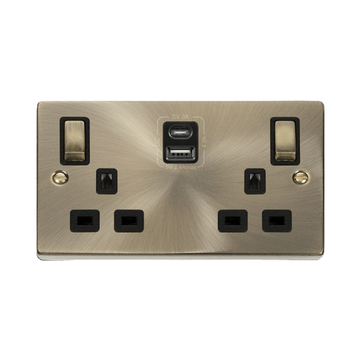 Front view of Click Deco Antique Brass 13A Double A+C USB Socket