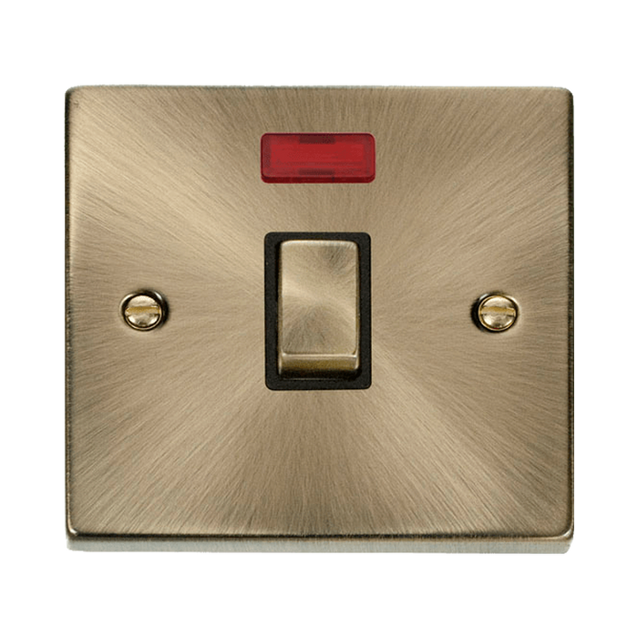 Front view of Click Deco Antique Brass 20A Double Pole Switch with Neon