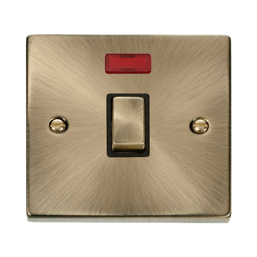 Front view of Click Deco Antique Brass 20A Double Pole Switch with Neon