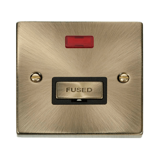 Front view of Click Deco Antique Brass 13A Unswitched Spur with Neon