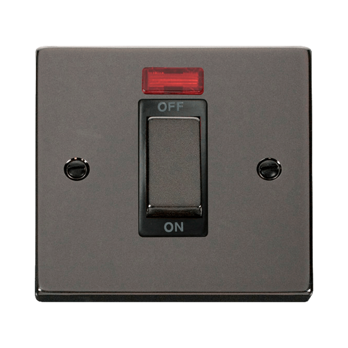 Front view of Click Deco Black Nickel 45A Cooker Switch with Neon