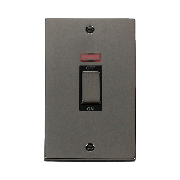 Front view of Click Deco Black Nickel 45A Cooker Switch with Neon