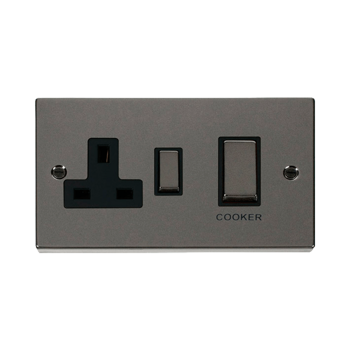 Front view of Click Deco Black Nickel 45A Cooker Switch with 13A Socket