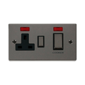 Front view of Click Deco Black Nickel 45A Cooker Switch with 13A Socket