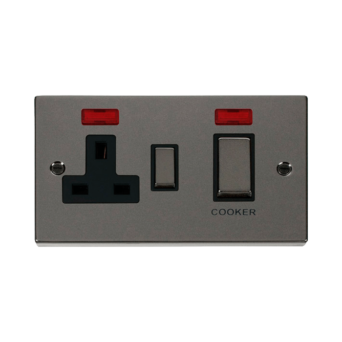 Front view of Click Deco Black Nickel 45A Cooker Switch with 13A Socket