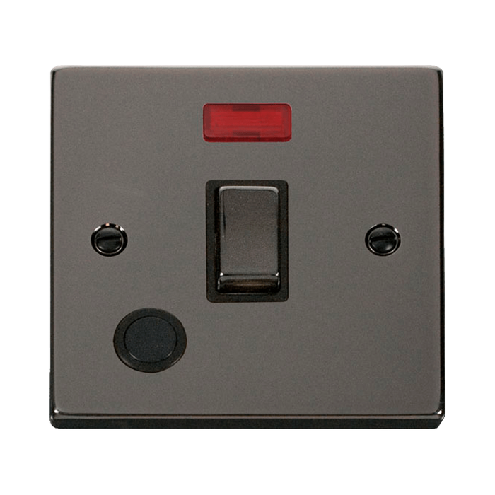 Front view of Click Deco Black Nickel 20A Double Pole Switch with Neon and Flex