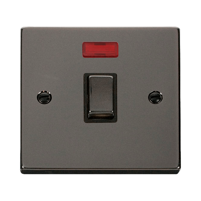 Front view of Click Deco Black Nickel 20A Double Pole Switch with Neon