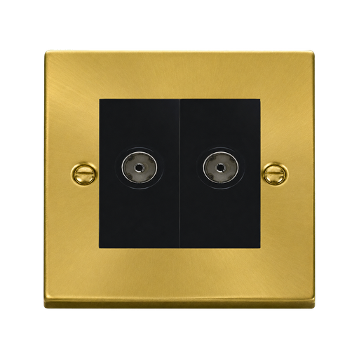 Front view of Click Deco Satin Brass Double TV Socket