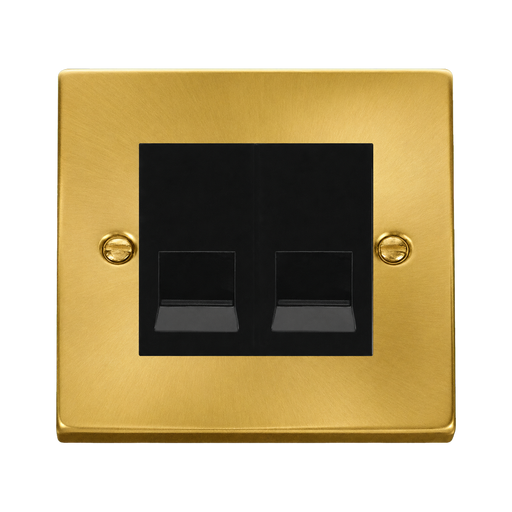 Front view of Click Deco Satin Brass Double Slave Telephone Socket