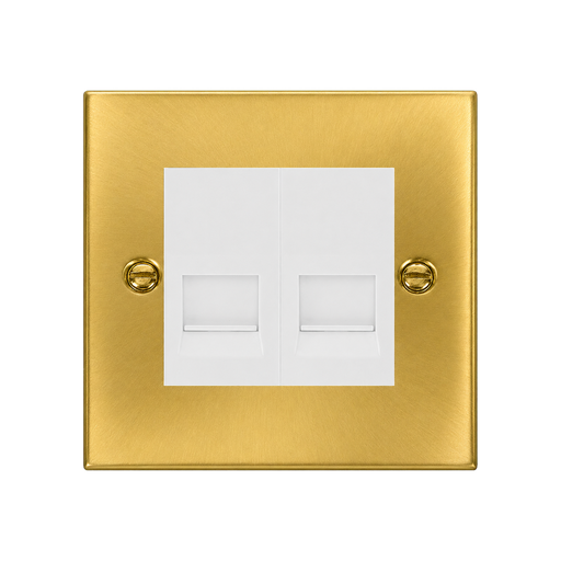 Front view of Click Deco Satin Brass Double Slave Telephone Socket