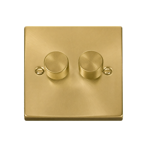 Front view of Click Deco Satin Brass 2G LED Dimmer Switch